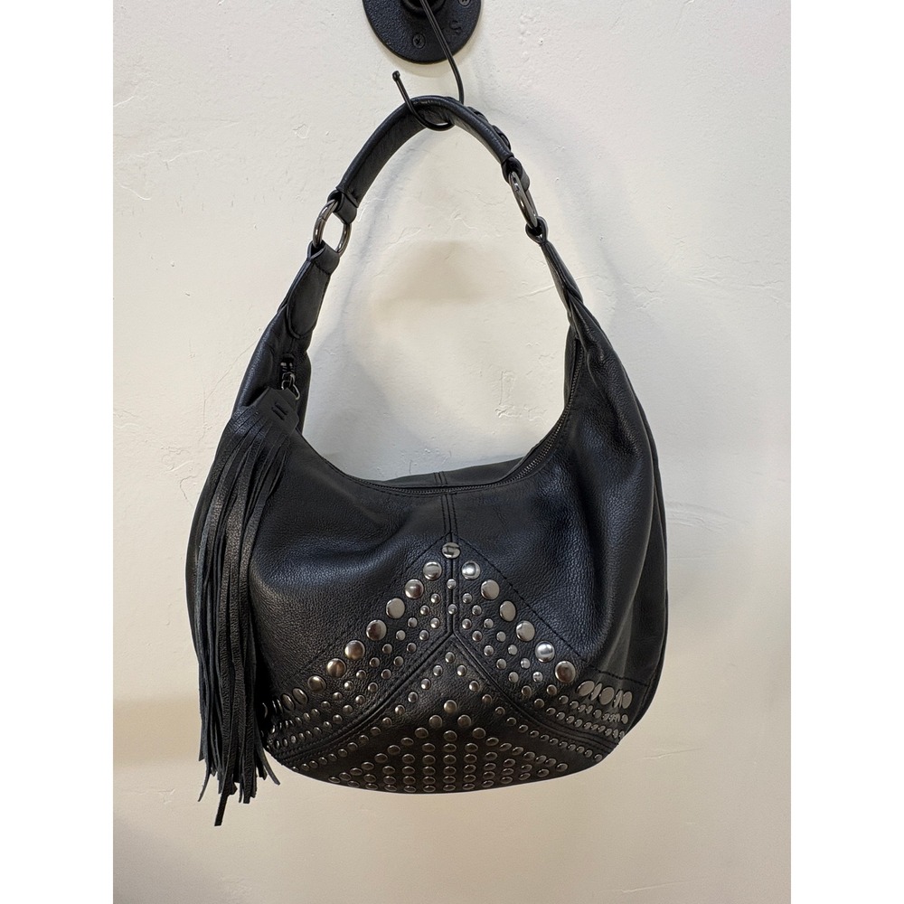 Isabella Fiore Black Pebbled Leather Studded Tassel Hobo Shoulder Bag Vintage